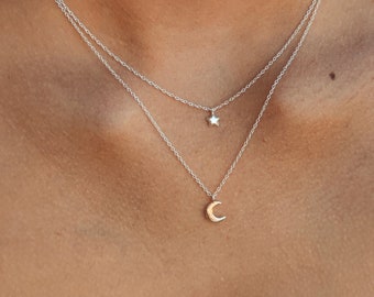 Collier double rangée en argent 925 avec soleil et lune, cadeau d'anniversaire, chaîne double rangée, cadeau pour elle, collier délicat