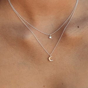 Collier double rangée en argent 925 avec soleil et lune, cadeau d'anniversaire, chaîne double rangée, cadeau pour elle, collier délicat image 1