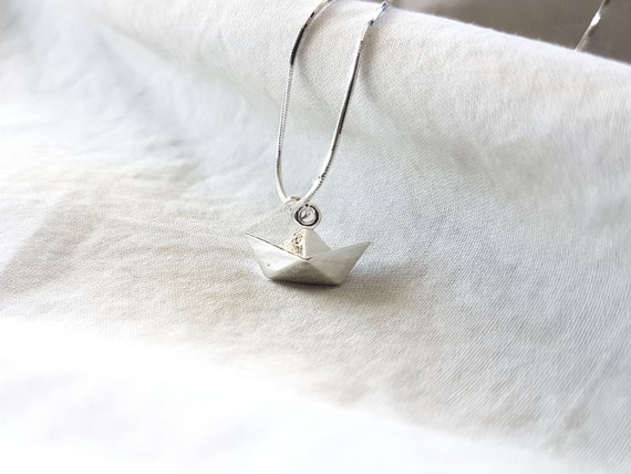origami boat necklace in sterling silver - minimalist ocean jewelry, meaningful gift for her