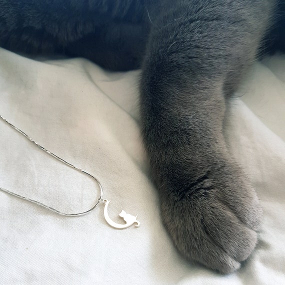 Necklace with cat in the moon: Sterling silver necklace for cat lovers - minimalist jewelry - gift for woman