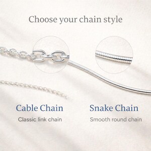 May include: Image showcasing two necklace chain styles: a cable chain and a snake chain. The cable chain is a classic link chain, while the snake chain is a smooth, round chain. The text "Choose your chain style" is at the top.