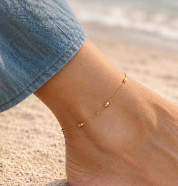 gold anklet 925 sterling silver - minimalist jewelry - dainty beaded anklet
