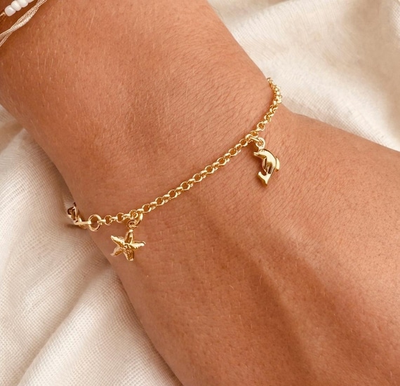 gold charm bracelet 925 sterling silver - ocean inspired gift for women - minimalist jewelry