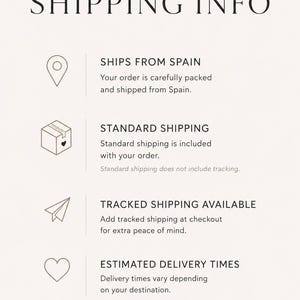 May include: A light beige informational graphic titled SHIPPING INFO featuring four icons: a location pin, a box with a heart, a paper airplane, and a heart. The text details shipping from Spain, standard shipping, tracked options, and delivery times, ending with the brand name OCEANLIGHTS and a spiral shell icon.