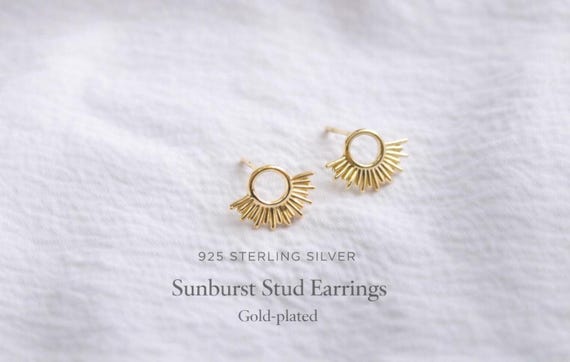 gold sunburst stud earrings - minimalist 925 sterling silver studs - gift for her
