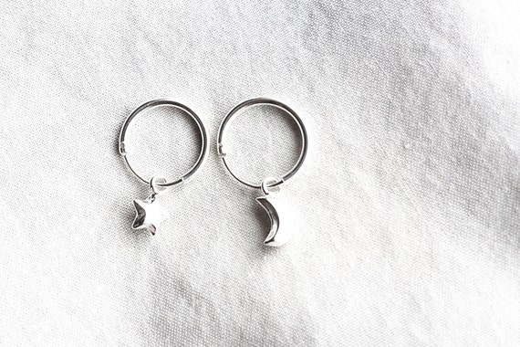 Hoop earrings with star and moon, 925 sterling silver, hoop earrings with pendant, gift for women, jewelry gift, silver earrings, charity