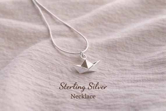 origami boat necklace in sterling silver - minimalist ocean jewelry, meaningful gift for her
