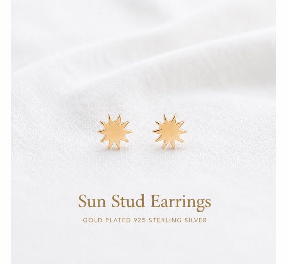 Gold sun ear studs - 925 sterling silver gift - gift for her
