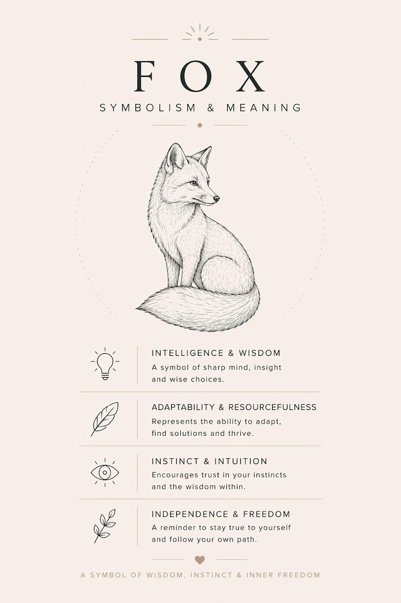 May include: A beige informational poster titled FOX SYMBOLISM & MEANING featuring a detailed black line drawing of a sitting fox. Below the fox are four sections with icons and text describing intelligence, adaptability, instinct, and independence.