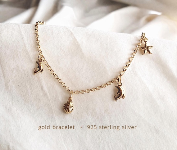 gold charm bracelet 925 sterling silver - ocean inspired gift for women - minimalist jewelry