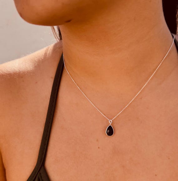 Sterling silver necklace with black teardrop pendant - minimalist jewelry for women - gift for her