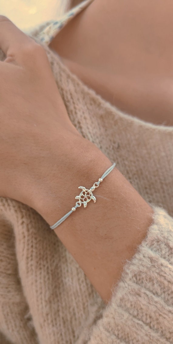 turtle bracelet sterling silver - ocean jewelry gift for her, minimalist cord bracelet