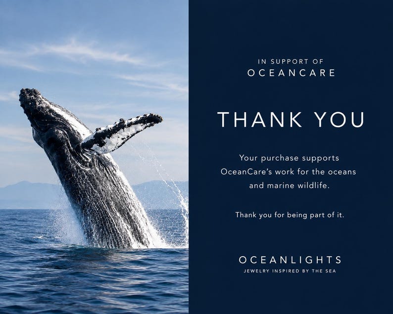 May include: A rectangular card featuring a humpback whale breaching from blue ocean water on the left. The right side is dark blue with white text: IN SUPPORT OF OCEANCARE, THANK YOU, Your purchase supports OceanCare's work, OCEANLIGHTS.