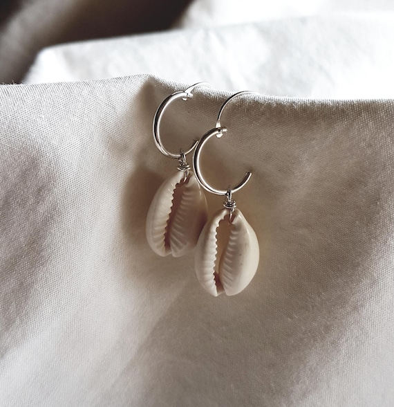 Sterling Silver Hoop Earrings with real Cowrie Shell,Handmade beach Jewelry,ocean inspired earrings,gift for her