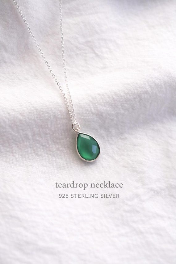 925 sterling silver necklace with green teardrop pendant - gift for women