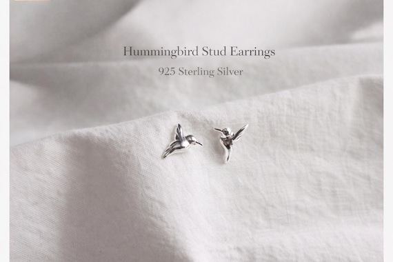 Hummingbird stud earrings, silver - gift, 925 sterling silver