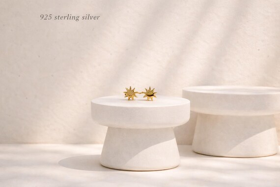 Gold sun ear studs - 925 sterling silver - gift for her