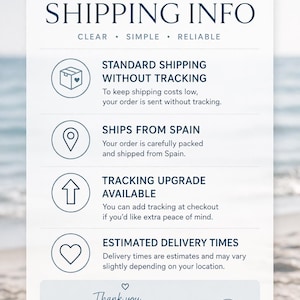 May include: A white and blue graphic with the text "SHIPPING INFO" and details about standard shipping, shipping from Spain, tracking upgrades, and estimated delivery times. The graphic ends with "Thank you for supporting my small business!"