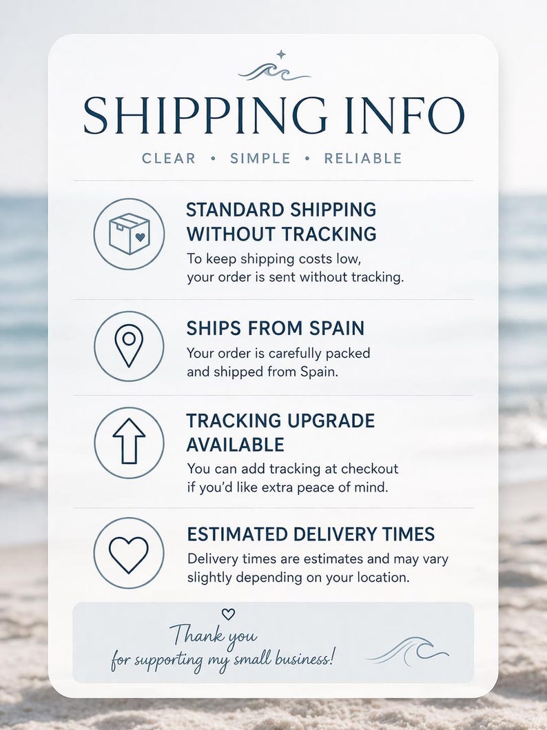 May include: A white and blue graphic with the text "SHIPPING INFO" and details about standard shipping, shipping from Spain, tracking upgrades, and estimated delivery times. The graphic ends with "Thank you for supporting my small business!"