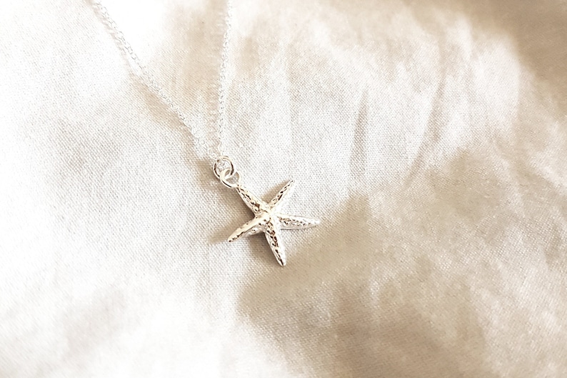 May include: A silver starfish pendant necklace. The pendant is a detailed starfish design, suspended from a delicate silver chain. The necklace is displayed on a white, textured background.