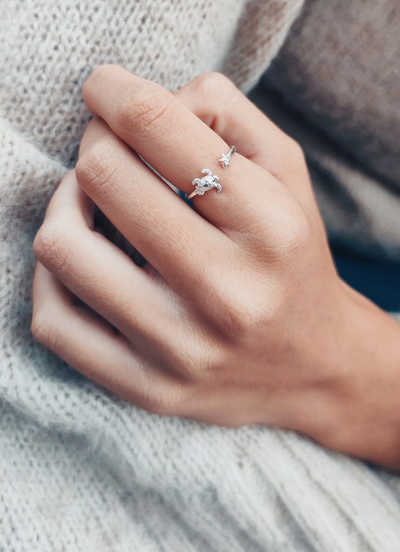 sterling silver turtle ring - adjustable minimalist ocean jewelry gift for women