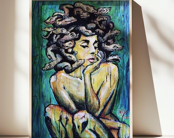 May include: A framed painting of Medusa, a woman with snakes for hair, rendered in vibrant colors. The artwork features a green and blue background with yellow and brown tones on the figure. The woman is depicted in a thoughtful pose.