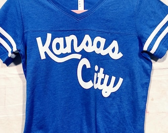 KC adies Blue V Neck tee, Ladies Kansas City Baseball too, Royal Blue KC tee,