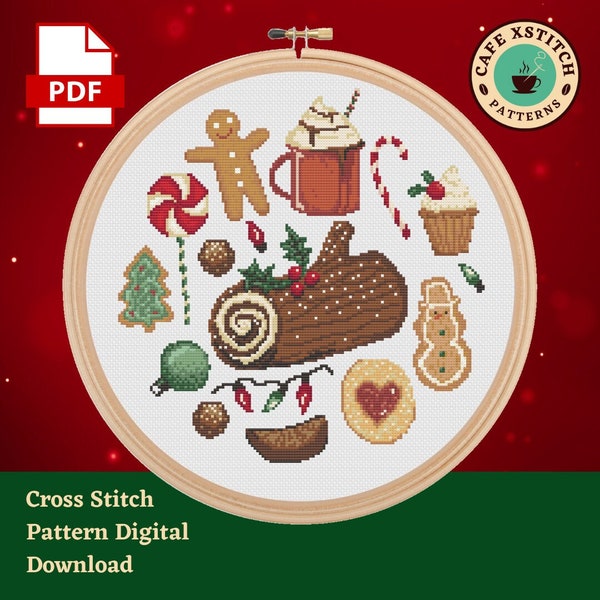 Échantillonnage de Noël au point de croix en téléchargement numérique - pâtisserie des fêtes XStitch - pain d'épice, chocolat chaud, bûche, graphique de biscuits de Noël