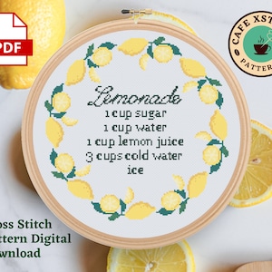 Easy Lemonade Cross Stitch Pattern - Instant Digital Download PDF - Cute Lemon Cross Stitch - Recipe Cross Stitch Pattern - Kitchen Decor