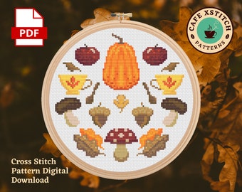 Herfst paddenstoelen en pompoenen kruissteekpatroon - digitale download pdf - Cottagecore herfst kruissteekpatroon - boskunst sampler