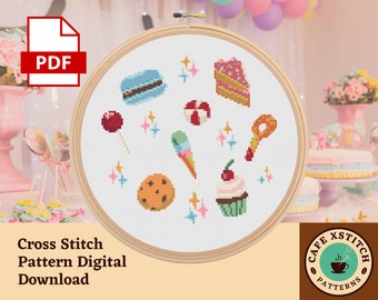 Sparkly Desserts Cross Stitch Pattern - Instant Digital Download - Easy Level - Cute Cross Stitch - Kitchen Decor - PDF