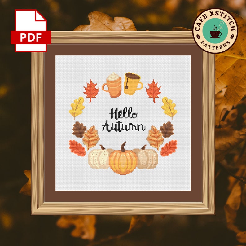 Hello Autumn Cross Stitch Pattern - Fall Leaves & Pumpkins Easy Counted ...