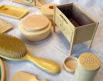 Antique French Ivory Celluloid Vanity Set | Art Deco Boudoir Collection with Clock & Dresser Box | Rare Victorian Style Early Plastic