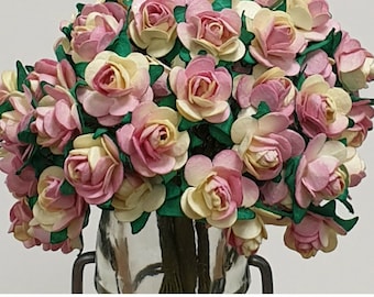 Mulberry Paper Flowers Pink & Cream Craft Embellishment Small Artificial Roses