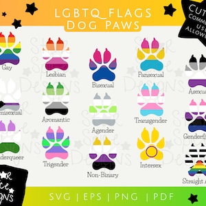Op de afbeelding: Een set van 14 potafdrukken, elk representatief voor een andere LGBTQ+-vlag. De potafdrukken zijn in verschillende kleuren en ontwerpen, waaronder regenboog, roze, blauw, groen en paars. De tekst "LGBTQ FLAGS DOG PAWS" staat bovenaan de afbeelding. De tekst "CUT FILES COMMERCIAL USE ALLOWED" staat rechtsboven in de afbeelding.