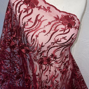 1M Wine Red colour lace floral pearls embriouded bridal lace fabric double scoloped  fabric  dress  55” wide