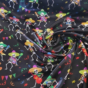1m Polyester Satin Fabric Halloween mexican Skeleton 140cm Wide polyester