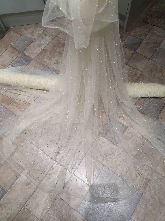 1M Bridal Cream Color Veil Pearl Beaded Tulle Fabric 60 Wide 