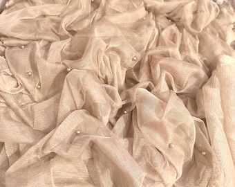 1 M tecido de tule com contas de pérolas cor champanhe 45” de largura