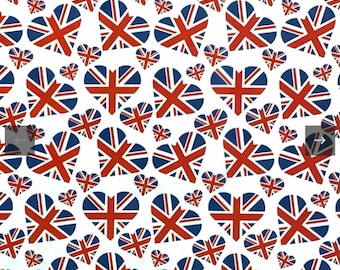 May include: A white background with a repeating pattern of red, white, and blue Union Jack flags in the shape of hearts.