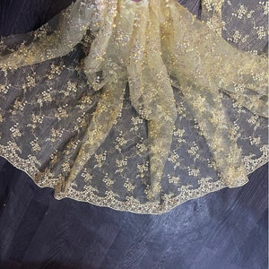 1m yellow Embroided Pearl Beaded Scalloped Bridal lace Fabric 44”wide Net Tulle