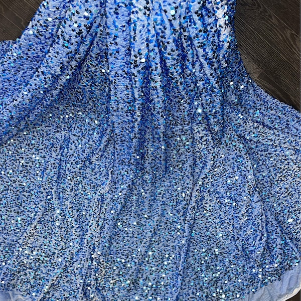 1yard sky blue bridal sequin soft smooth velvet Stretch with all over sequins embroidery two way Stretch  sequin fabric 58"