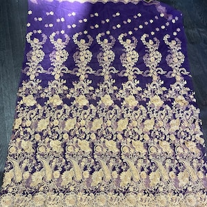 1m purple gold    Embroided Pearl Beaded Scalloped Bridal lace Fabric 55” wide Net Tulle