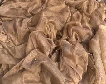 1 M tecido de tule com contas de pérolas douradas/antigas de 45” de largura