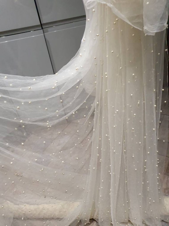1M Bridal Cream Color Veil Pearl Beaded Tulle Fabric 60  display picture 3