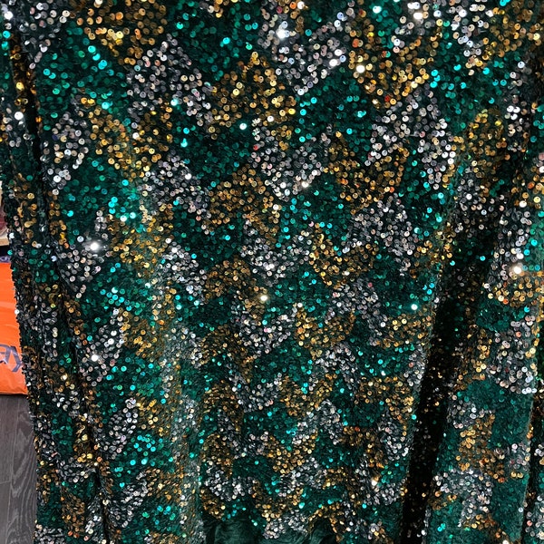 1yard  bottle green gold  sequin soft smooth velvet 4way Stretch sequins desigen embroidery fabric 58"