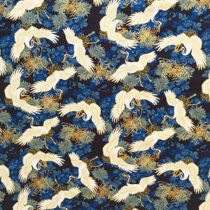 1m Japanese Oriental royal blue gold multi colour foil crane bird printed  58&quot;  WIDE