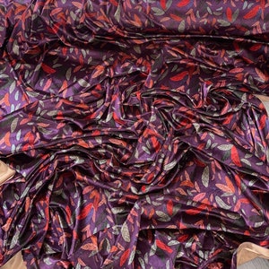 1m leaf print purple  multi coloured korean spandex strech velour velvet  fabric 58” wide