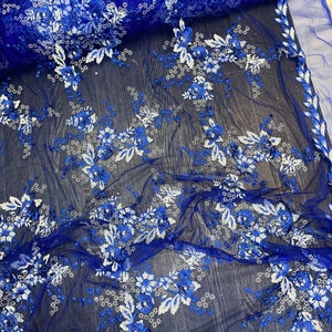 1m royal blue / white 3D floral embroidery print fabric bridal fabric 58”