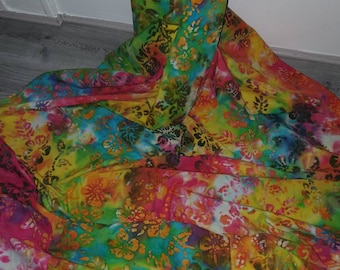 Hand-Drawn Batik Fabric Floral African Print, Hot Pink, Orange, Green - 45"